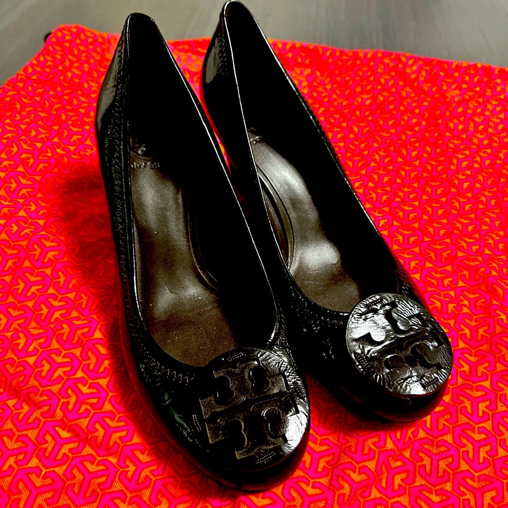 Black patent Tory Burch Wedge shoes, barely worn, in amazing condition!